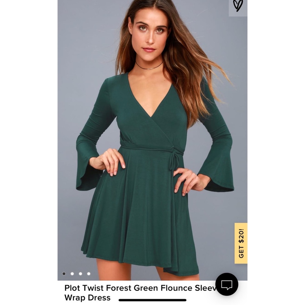 Plot Twist Forest Green Flounce Sleeve Wrap Dress